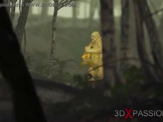 Xanh lục con quái vật ogre fucks cứng một libidinous phái nữ goblin arwen trong các enchanted rừng
